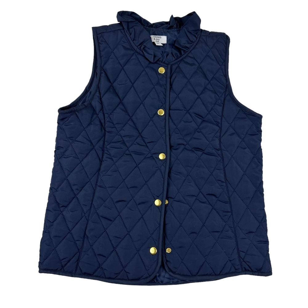 Crown & Ivy Girls Blue Quilted Puffer Vest Size XL Ruffle Neck Snap Polyester